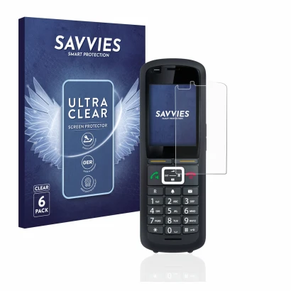 Front side of a product packaging with the brand logo Savvies. Next to it is the device Gigaset R700H Pro shown with the corre