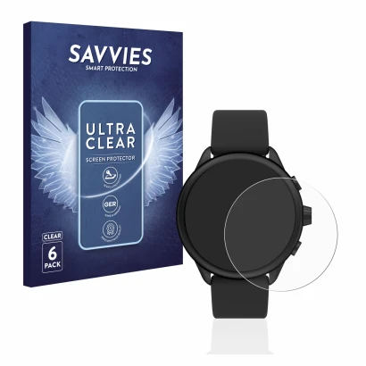 Front side of a product packaging with the brand logo Savvies. Next to it is the device Fossil Smartwatch Wellness (Gen 6) Hyb