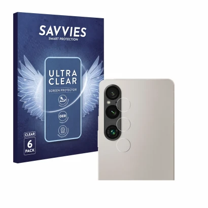 Front side of a product packaging with the brand logo Savvies. Next to it is the device Sony Xperia 1 V (ONLY Camera Lens) sho