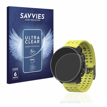 Front side of a product packaging with the brand logo Savvies. Next to it is the device Suunto Vertical shown with the corresp