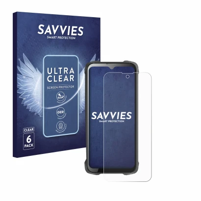 Front side of a product packaging with the brand logo Savvies. Next to it is the device Cubot King Kong 9 shown with the corre