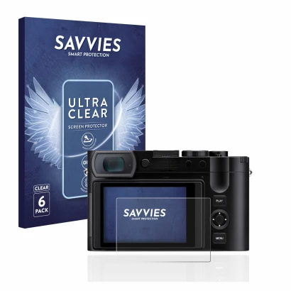 Front side of a product packaging with the brand logo Savvies. Next to it is the device Leica Q3 shown with the corresponding 