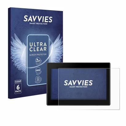 Front side of a product packaging with the brand logo Savvies. Next to it is the device Garmin Drive 53 5" shown with the corr