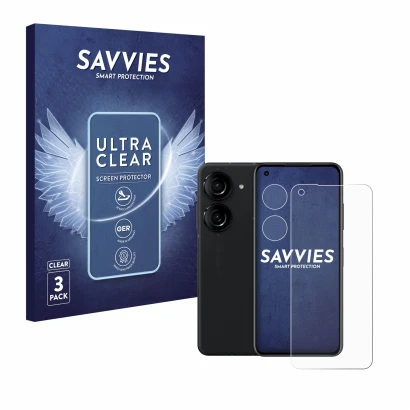 Front side of a product packaging with the brand logo Savvies. Next to it is the device ASUS ZenFone 10 (Front+Camera) shown w