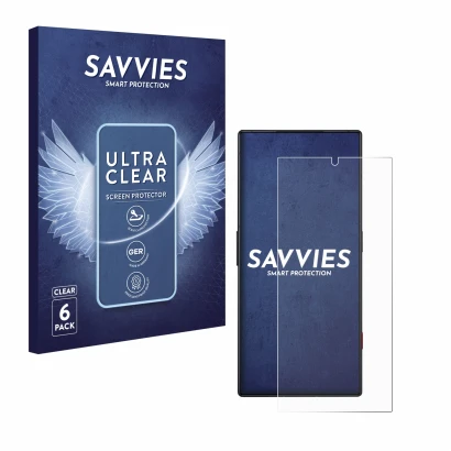 Front side of a product packaging with the brand logo Savvies. Next to it is the device ZTE Nubia Red Magic 8S Pro shown with 