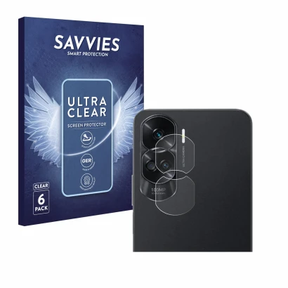 Front side of a product packaging with the brand logo Savvies. Next to it is the device Honor 90 Lite (ONLY Camera Lens) shown