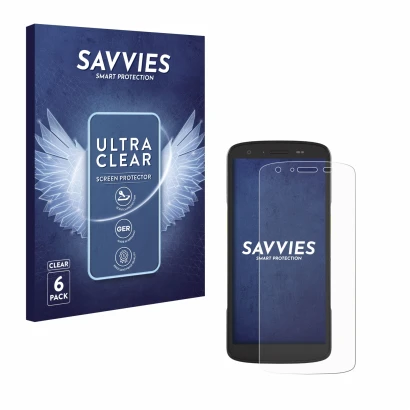 Front side of a product packaging with the brand logo Savvies. Next to it is the device Zebra TC22 shown with the correspondin