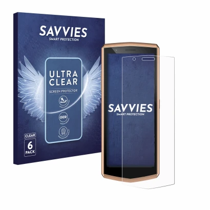 Front side of a product packaging with the brand logo Savvies. Next to it is the device Cubot Pocket 3 shown with the correspo