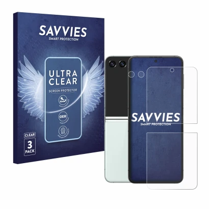 Front side of a product packaging with the brand logo Savvies. Next to it is the device Samsung Galaxy Z Flip 5 (Front+Camera)