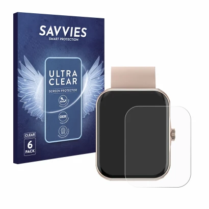 Front side of a product packaging with the brand logo Savvies. Next to it is the device Mutoy Smartwatch 1.83" shown with the 