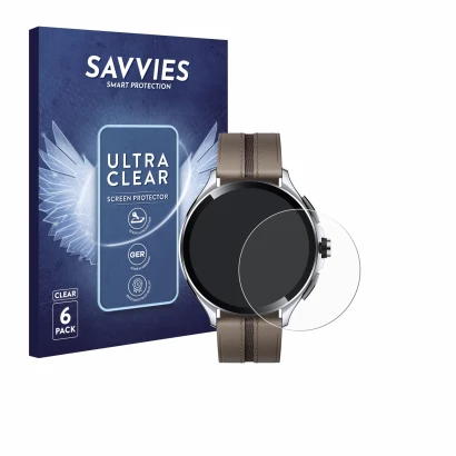 Front side of a product packaging with the brand logo Savvies. Next to it is the device Xiaomi Watch 2 Pro shown with the corr