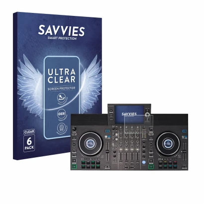 Front side of a product packaging with the brand logo Savvies. Next to it is the device Denon DJ SC LIVE 4 shown with the corr
