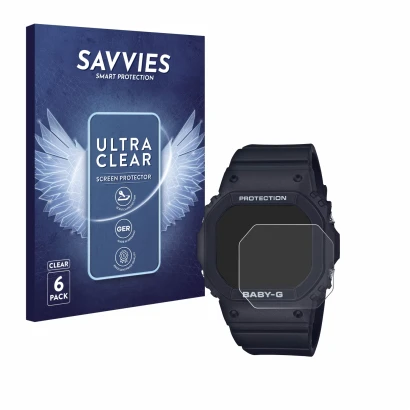 Front side of a product packaging with the brand logo Savvies. Next to it is the device Casio Baby-G BGD-565 shown with the co