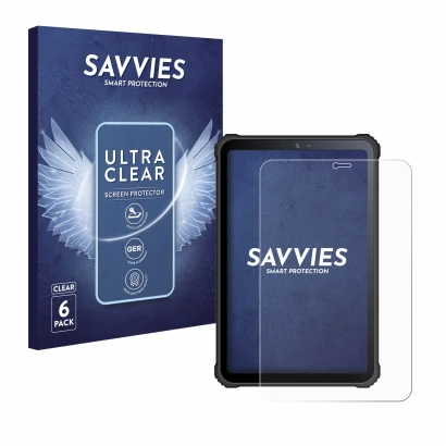 Front side of a product packaging with the brand logo Savvies. Next to it is the device Oukitel RT3 shown with the correspondi