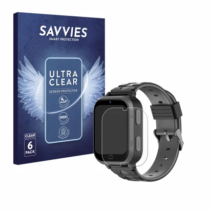 Front side of a product packaging with the brand logo Savvies. Next to it is the device Beafon Kids Watch SW2 shown with the c