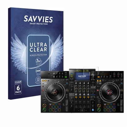Front side of a product packaging with the brand logo Savvies. Next to it is the device Pioneer XDJ -XZ shown with the corresp