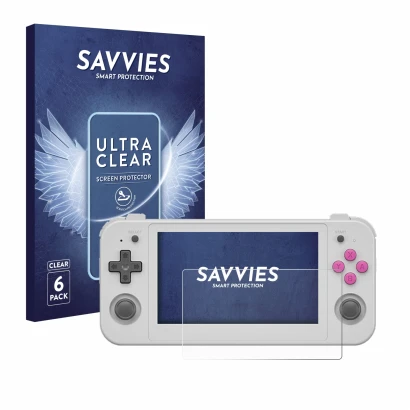 Front side of a product packaging with the brand logo Savvies. Next to it is the device Anbernic RG505 shown with the correspo