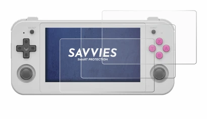 Image of the device Anbernic RG505 with a wide variety of screen protectors.