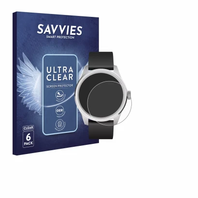 Front side of a product packaging with the brand logo Savvies. Next to it is the device Withings ScanWatch 2 (42 mm) shown wit