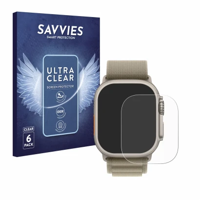 Front side of a product packaging with the brand logo Savvies. Next to it is the device Apple Watch Ultra 2 (49 mm) shown with