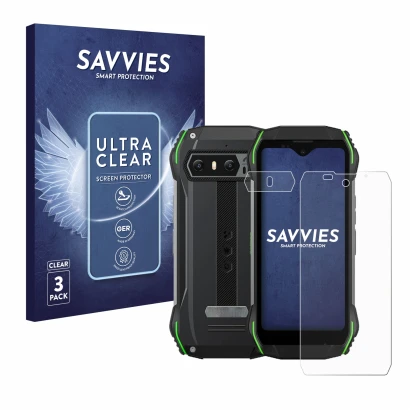 Front side of a product packaging with the brand logo Savvies. Next to it is the device Blackview N6000 (Front+Camera) shown w