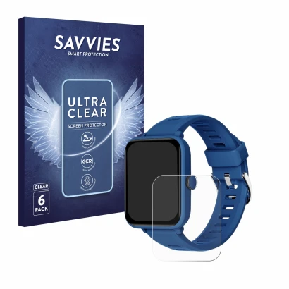 Front side of a product packaging with the brand logo Savvies. Next to it is the device Biggerfive BW01 1.5" shown with the co