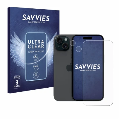 Front side of a product packaging with the brand logo Savvies. Next to it is the device Apple iPhone 15 (Front+Camera) shown w