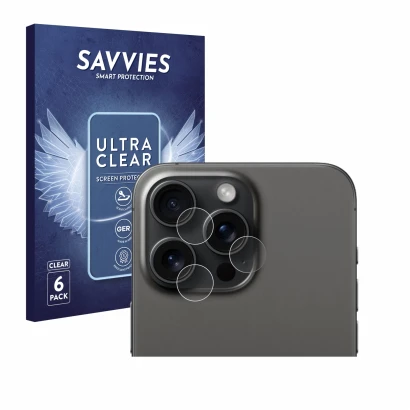 Front side of a product packaging with the brand logo Savvies. Next to it is the device Apple iPhone 15 Pro Max (ONLY Camera L