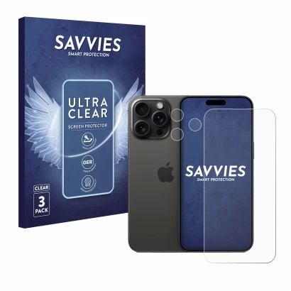 Front side of a product packaging with the brand logo Savvies. Next to it is the device Apple iPhone 15 Pro Max (Front+Camera)
