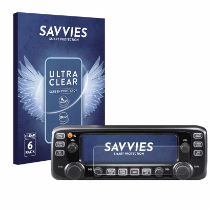 Front side of a product packaging with the brand logo Savvies. Next to it is the device Icom IC-2730E shown with the correspon