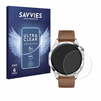 Front side of a product packaging with the brand logo Savvies. Next to it is the device Huawei Watch GT 4 (46mm) shown with th