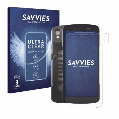 Front side of a product packaging with the brand logo Savvies. Next to it is the device Zebra TC27 (Front+Camera) shown with t