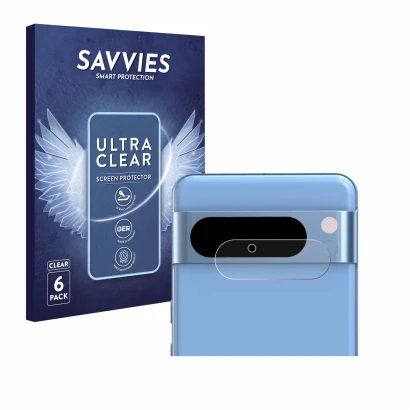 Front side of a product packaging with the brand logo Savvies. Next to it is the device Google Pixel 8 Pro (ONLY Camera Lens) 