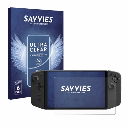 Front side of a product packaging with the brand logo Savvies. Next to it is the device Lenovo Legion Go shown with the corres