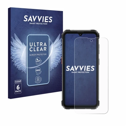 Front side of a product packaging with the brand logo Savvies. Next to it is the device Blackview BV5300 Pro (2023) shown with