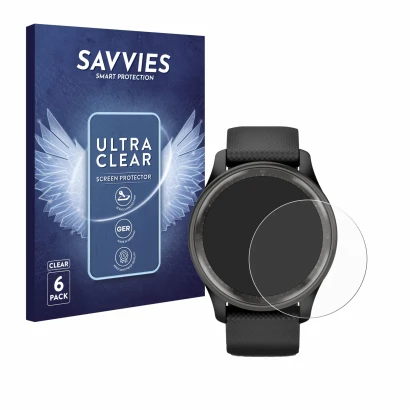 Front side of a product packaging with the brand logo Savvies. Next to it is the device Garmin Vivomove Trend shown with the c
