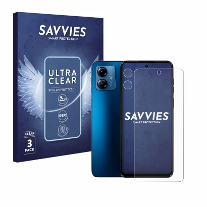 Front side of a product packaging with the brand logo Savvies. Next to it is the device Motorola Moto G14 (Front+Camera) shown