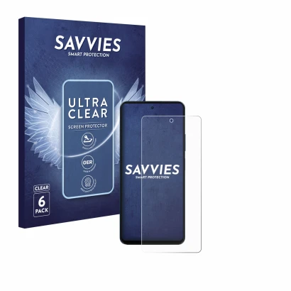 Front side of a product packaging with the brand logo Savvies. Next to it is the device Blackview Shark 8 shown with the corre