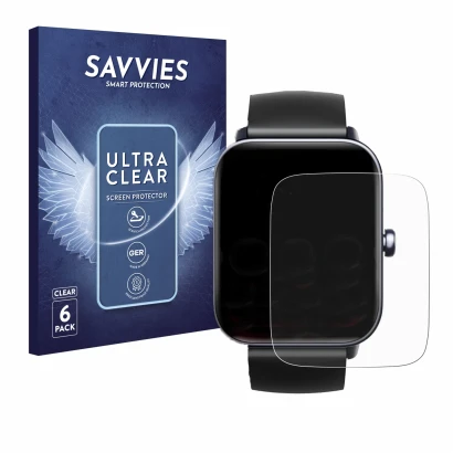 Front side of a product packaging with the brand logo Savvies. Next to it is the device Fitpolo IDW19 1.8" shown with the corr