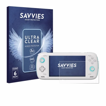 Front side of a product packaging with the brand logo Savvies. Next to it is the device AYN Odin 2 shown with the correspondin