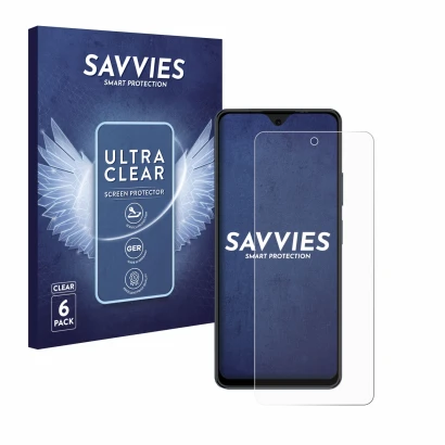 Front side of a product packaging with the brand logo Savvies. Next to it is the device Blackview Oscal Tiger 12 shown with th