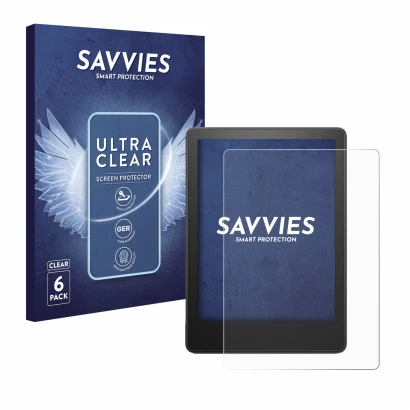 Front side of a product packaging with the brand logo Savvies. Next to it is the device Amazon Kindle Paperwhite 2023 (11th Ge