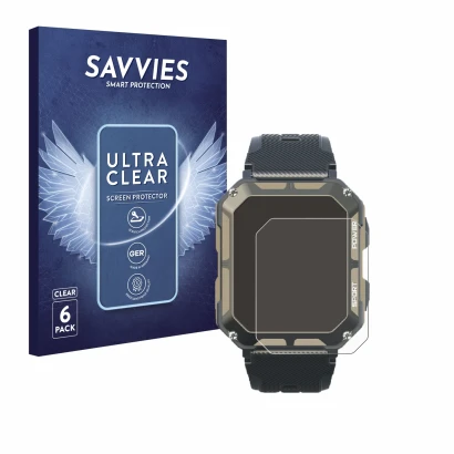 Front side of a product packaging with the brand logo Savvies. Next to it is the device Blackview C20Pro 1.83" shown with the 