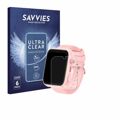 Front side of a product packaging with the brand logo Savvies. Next to it is the device jianyana 4G Kids Smartwatch shown with
