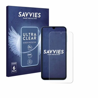 Front side of a product packaging with the brand logo Savvies. Next to it is the device Samsung Galaxy A15 shown with the corr