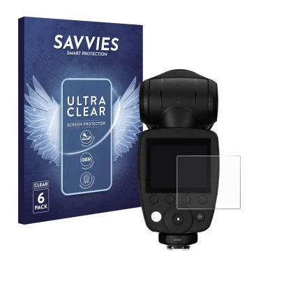 Front side of a product packaging with the brand logo Savvies. Next to it is the device Profoto A10 shown with the correspondi