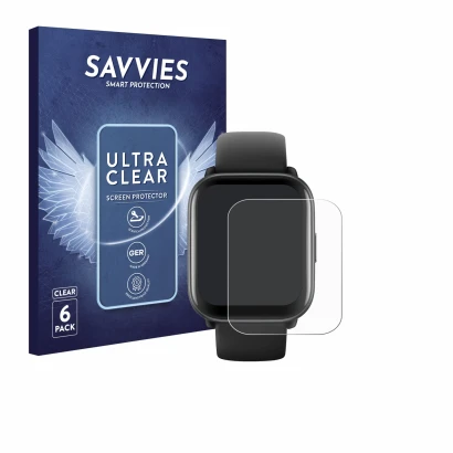 Front side of a product packaging with the brand logo Savvies. Next to it is the device Amazfit Active shown with the correspo