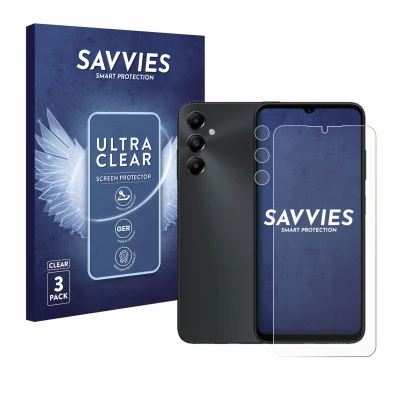 Front side of a product packaging with the brand logo Savvies. Next to it is the device Samsung Galaxy A05s (Front+Camera) sho