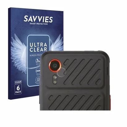 Front side of a product packaging with the brand logo Savvies. Next to it is the device Samsung Galaxy XCover 7 (ONLY Camera L