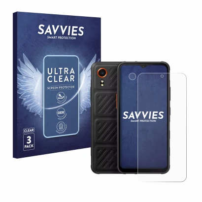 Front side of a product packaging with the brand logo Savvies. Next to it is the device Samsung Galaxy XCover 7 (Front+Camera)